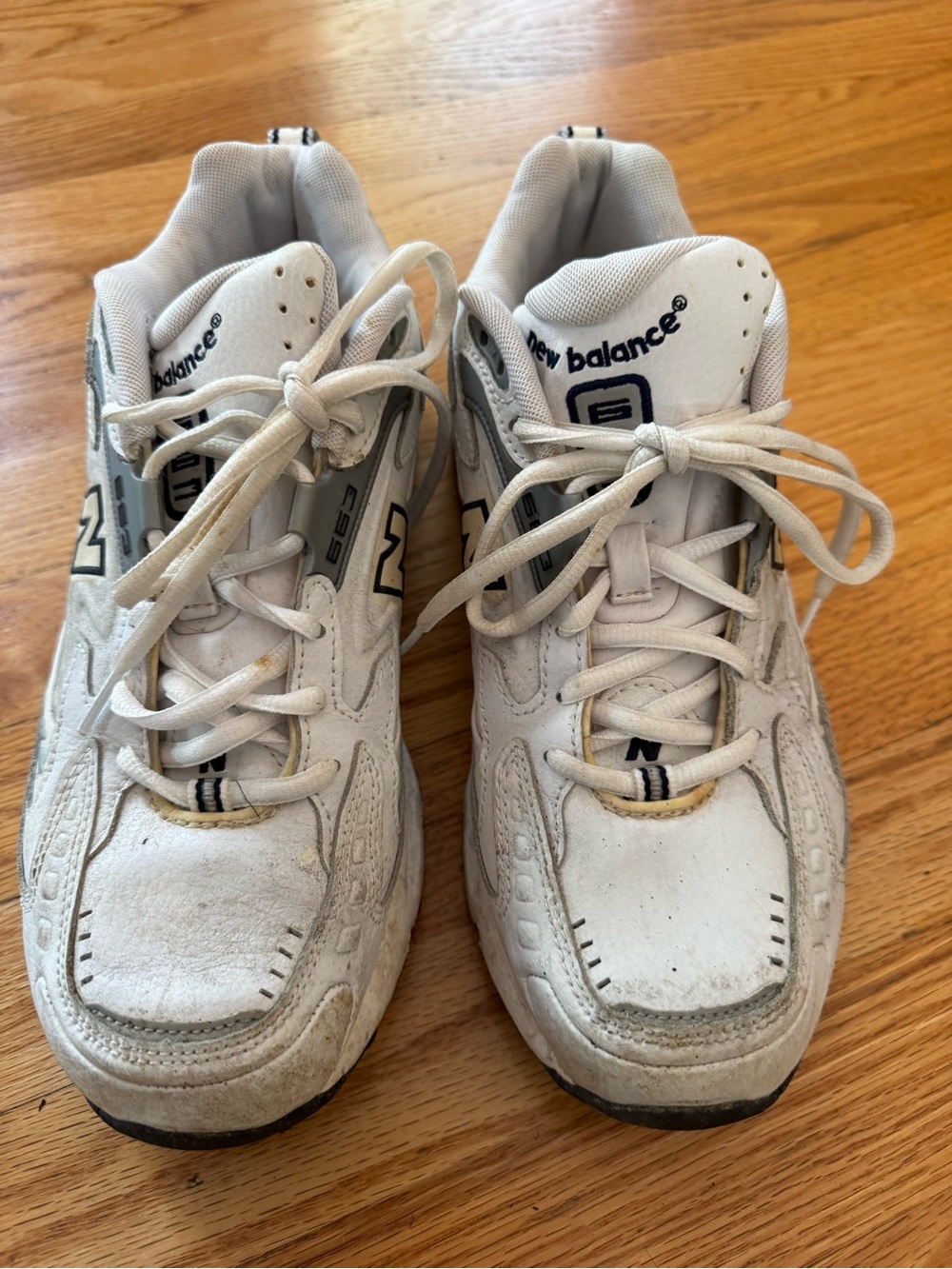 New Balance Men’s White Sneakers with Navy and Gray Accents